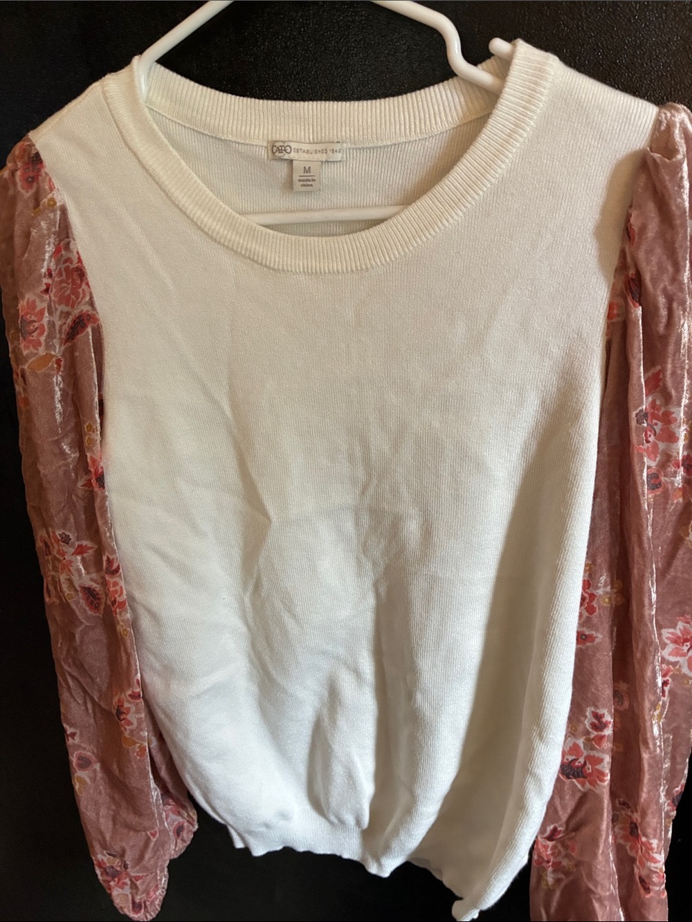 Cato White Sweater with Blush Floral Velvet Sleeves M